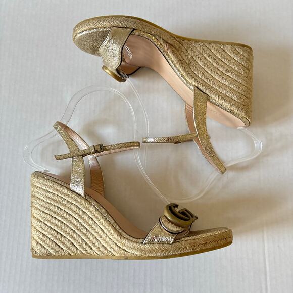 Gucci Aitana GG Marmont Espadrille Platform Wedge Heel Sandals Gold Size EU 37.5 - Picture 7 of 13